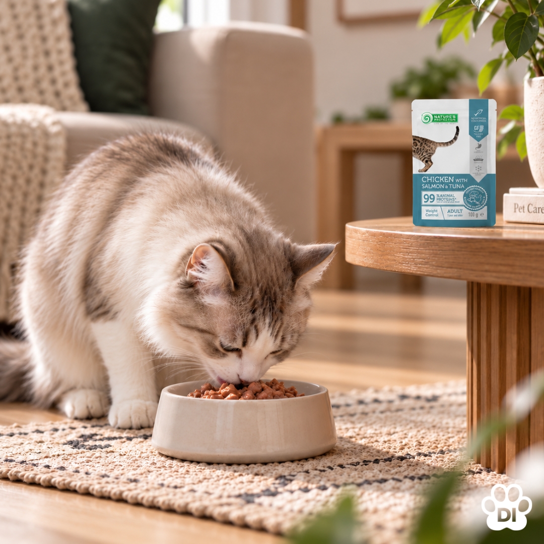 Suaugusių kačių konservuotas pašaras svorio kontrolei palaikyti su vištiena, lašiša ir tunu